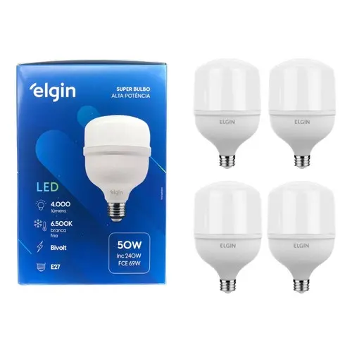 Kit  2/3/4/5/8  Lâmpadas Led 50w Bulbo E27 6500k Branco Frio Elgin