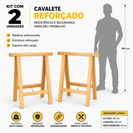 2 Cavaletes Studio De Madeira Para Mesa De Escritorio 80X50