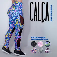 Calça Estampada Suplex Recortes em Tule Charmoso Academia Cós Alto Sustentação Alta Qualidade Oferta
