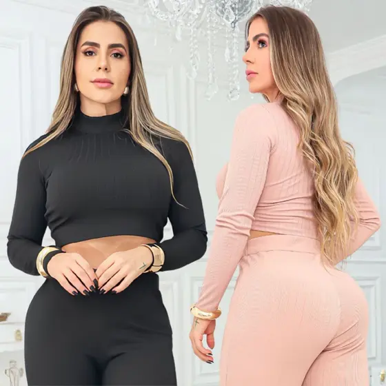 Conjunto Feminino Canelado com Cropped Manga Longa Calça Flare Festas Social Presente Natal Oferta