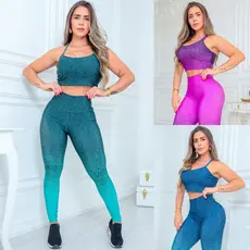 Conjunto Feminino Degrade Legging Modela Cintura + Top com Bojo Removível Academia Fitness Promoção