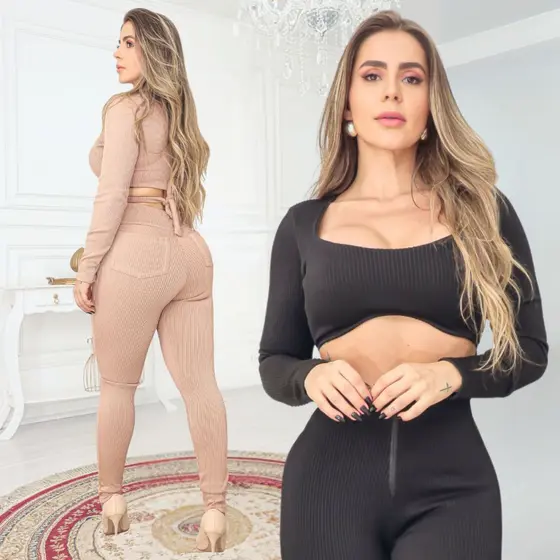 Conjunto Canelado 3D Cropped Calça com Zíper Luxo Conforto Festas Presente de Natal Envio Imediato