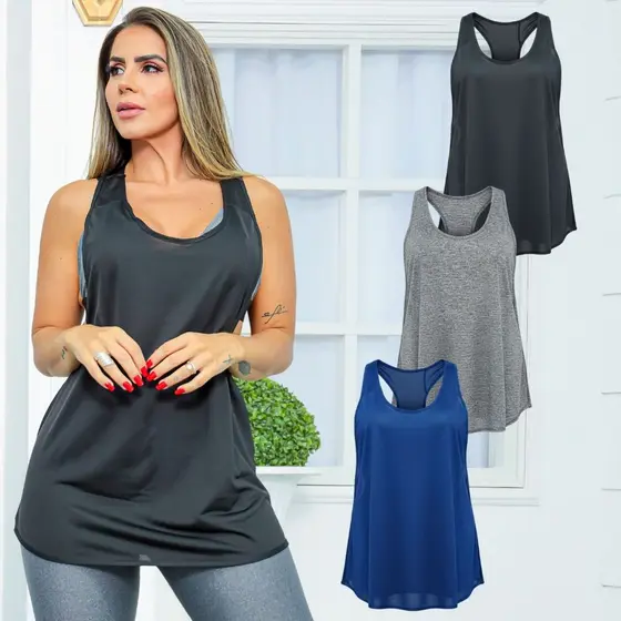 Kit Camiseta Regata Blusa DryFit Academia Alongada Tapa Bumbum Alongada Poliéster Conforto Desconto