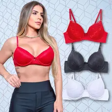 Kit 3 Sutiãs Soutiens Básico Rendado Com Bojo Alta Sustentação Alças Ajustáveis Sutian Desconto Luxo