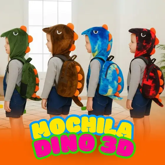 Mochila Escolar Infantil Dinossauro Capuz 3D Pelúcia c/ Touca Macia Meninas e Meninos Divertida