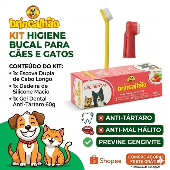 Kit 1 Escova de Dente + 1 Dedeira + 1 Pasta de Dente Para Cães e Gatos Brincalhão