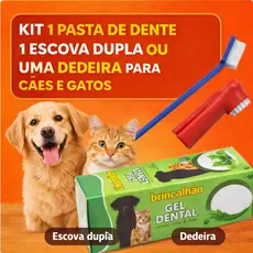 Kit 1 Pasta de Dente 1 Dedeira ou 1 Escova Dupla para Cães Gatos Cachorros Brincalhão