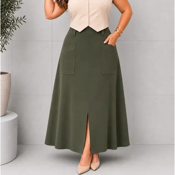 Saia Longa Plus Size Linho Forrada Cintura Alta Social Bolsos G1 G2 G3
