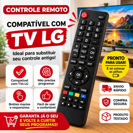 Controle Compatível TV LG Universal para TVs LED, 4K e Antigas | Netflix e Amazon | Pronto para Uso mais Pilhas