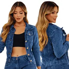 Jaqueta Jeans Feminina Marmorizada Elegância de Botão Dourado Valoriza a Silhueta