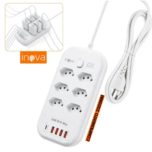 INOVA Filtro de Linha com 6 Tomadas 2500W Extensão Universal 4 USB 1Type c 10A 110V/220V 2M Bivolt