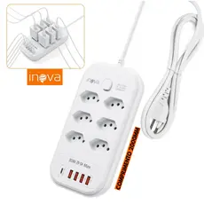 INOVA Filtro de Linha com 6 Tomadas 2500W Extensão Universal 4 USB 1Type c 10A 110V/220V 2M Bivolt