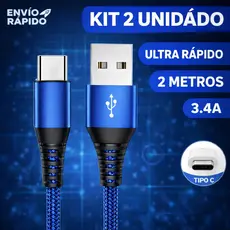 Kit 2 Cabo Tipo C Carregador Usb Ultra Rápido Reforçado 2 Metros