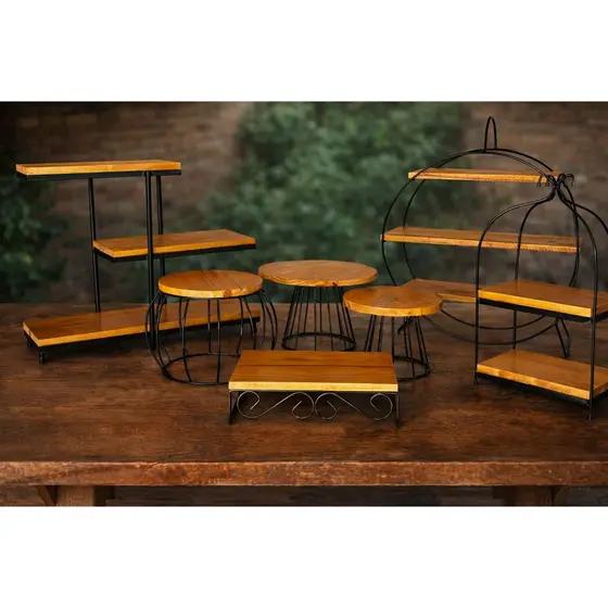 Kit 7 Suportes Para Doces e Salgados Mesa Buffet Madeira Verniz e Ferro Decorativo