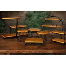 Kit 7 Suportes Para Doces e Salgados Mesa Buffet Madeira Verniz e Ferro Decorativo