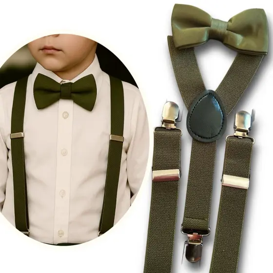 Conjunto Infantil Gravata Borboleta e Suspensório Verde Oliva Pajem Casamentos Eventos