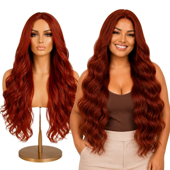 Peruca Lace Wig Ruiva Ondulada Natural Fibra Orgânica + Wig Cap