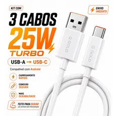 KIT 3 Cabos USB-C Tipo C Carregamento Rápido Turbo Android Smartphones Tablets 1m AGOLD