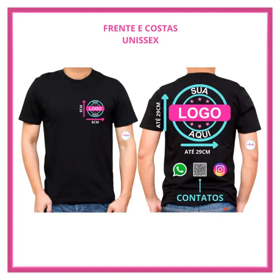 Camiseta malha fria PV Preta Masculina Feminina logo da empresa DTF personalizada alta durabilidade