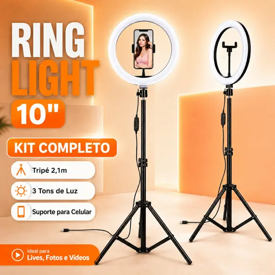 Ring Light 10 Polegadas 26cm Com Tripé Ajustável 2,1m Luz LED Para Celular Fotos Vídeos Lives