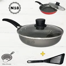 Frigideira Antiaderente Com Tampa de Vidro 18cm + Espatula Francesinha Teflon N18 Vermelha Ou Preta