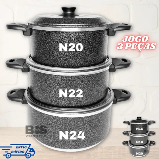 Jogo de Panela Com 3 Peças Kit Conjunto Caçarola N16-18-20 Ou 20-22-24
