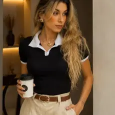 Camisa Polo Feminina Bicolor Ribana Premium Ajustada Gola Contraste Elegante Moda