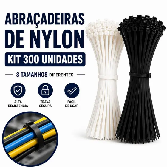 Kit 300 Abraçadeira Enforca Gato Nylon 3 Tamanhos Multiuso Resistente