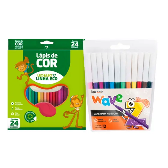 Kit Material Escolar com uma Caixa De Lápis De Cor 24 lapis para colorir mais 12 Canetinhas colorida