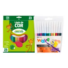 Kit Material Escolar com uma Caixa De Lápis De Cor 24 lapis para colorir mais 12 Canetinhas colorida