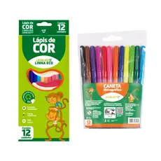 Kit Material Escolar com uma Caixa De Lapis De Cor 12 cores para colorir mais 12 canetinhas coloridas lavável LEO &LEO