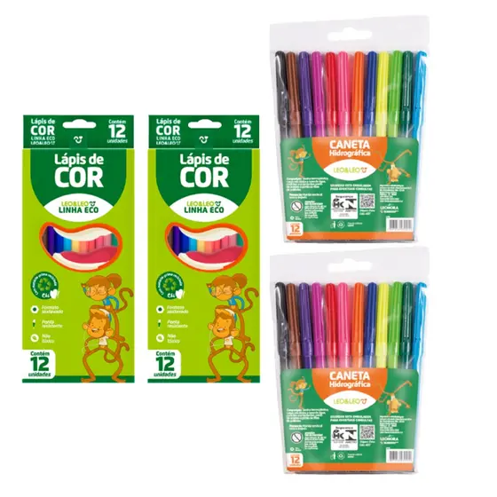 Kit Material escolar com 2 caixas de lapis de cor para colorir e 2 pacotes com 12 canetinhas colorida hidrocor multicolo