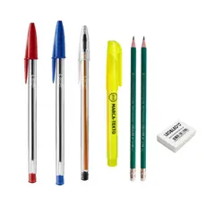 Kit material escolar com 3 canetas 2 lápis marcador de texto e borracha