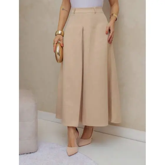Saia Longa Alfaiataria Fit e Flare Feminina Moda Evangélica Cintura Alta Fenda Fechada