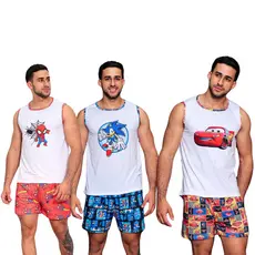Kit 3 Pijamas Masculino Regata Personagens Verão Conforto