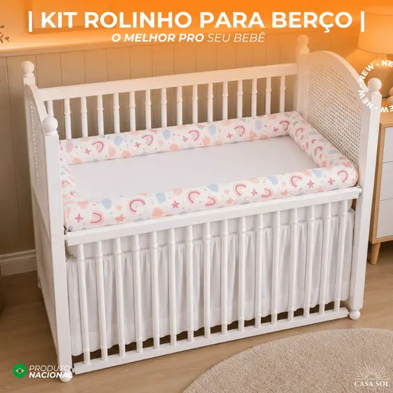 KIT ROLINHO PROTETOR PARA BERÇO AMERICANO OU NACIONAL 4 PEÇAS ALGODÃO