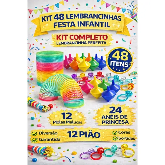Kit 48 Mini Brinquedos Lembrancinhas Festa Infantil 12 Molas 12 Pião 24 Anéis Brinde