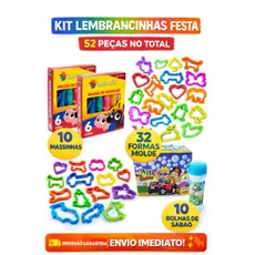 Kit Lembrancinhas Brinquedo Festa Infantil 52 Peças – 10 Massinhas + 32 Forminhas + 10 Bolhas de Sabão Envio Imediato