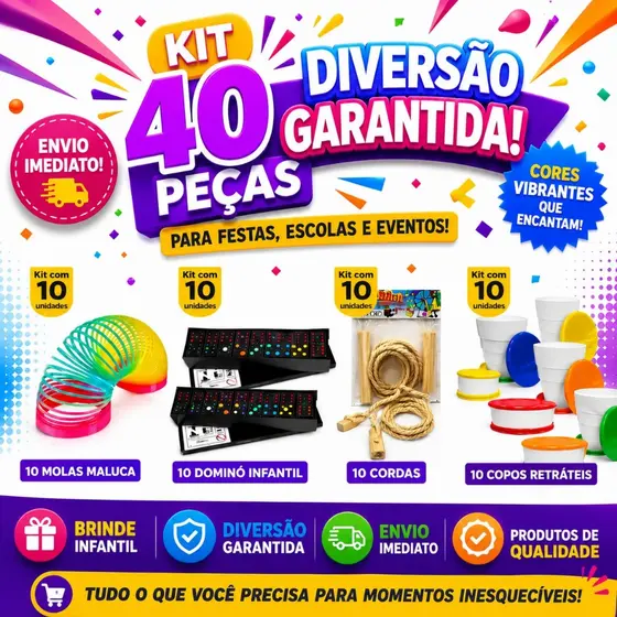 Kit 40 Brinquedos Festa Infantil Lembrancinha Brinde Mola Dominó Corda Copo