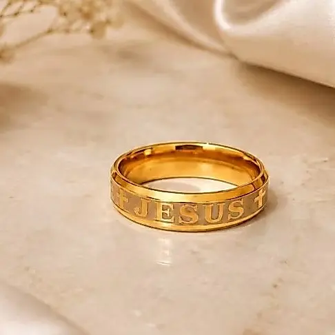 Anel Dourado Jesus Cristo em Aço Inox 6mm
