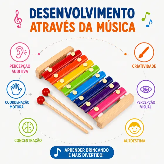 Xilofone De Madeira Infantil Musical Educativo Colorido Montessori Coordenaçao Motora