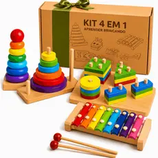 Kit Montessori 4 em 1 Brinquedos Educativos de Madeira Coordenação Motora Infantil Pedagógico