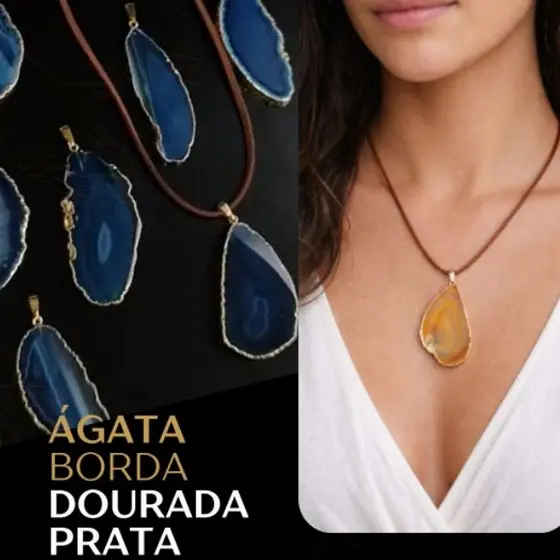 Pingente Ágata Borda Dourada e Prateada Pedra Natural