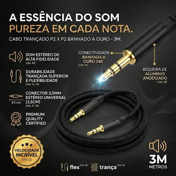 Cabo P2 X P2 Macho Som Alta Qualidade 3M Metros Áudio Estéreo Notebook Carro Caixa De Som Trançado Ouro Banhado