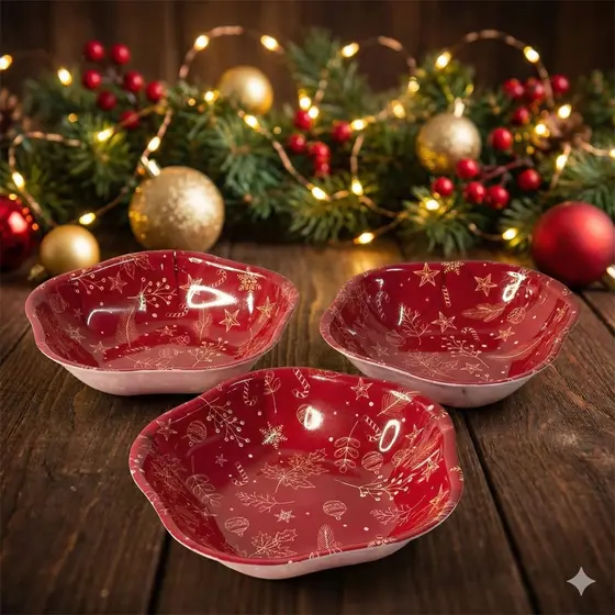 KIT 3 PRATINHOS TIGELA DE NATAL – 15 CM | ONDULADO | PLÁSTICO RESISTENTE | IDEAL PARA SOBREMESAS
