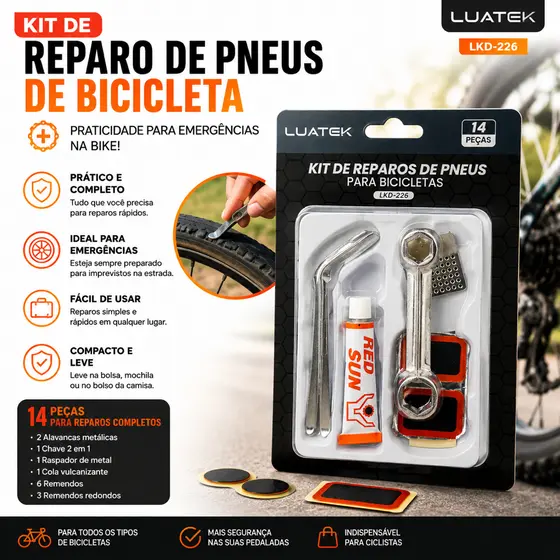 KIT REPARO PNEU BICICLETA 14 PEÇAS REMENDO ESPÁTULA BIKE TAMPA VALVULA CHAVE  TUBO COLA MANGUEIRA