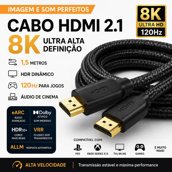 Cabo HDMI 2.1 1,5m 8K 120Hz Malha Trançada Conector Dourado eARC Dolby Atmos HDR10+ VRR ALLM PS5 Xbox Alta Velocidade