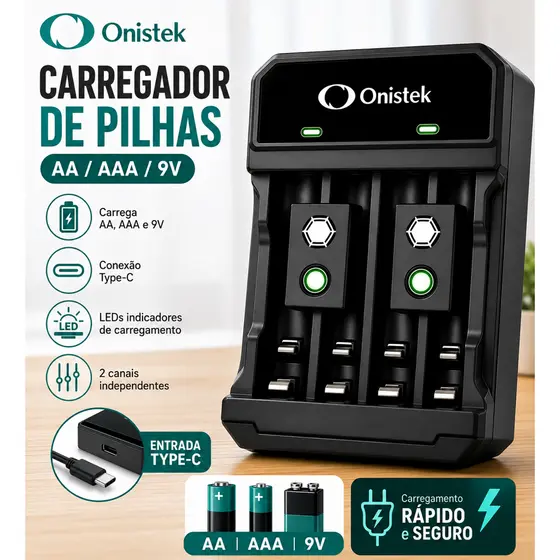 Carregador de Pilhas AA AAA Normal Palito Onistek Bivolt Conexão Type-C + 4 Pilhas AA Recarregáveis