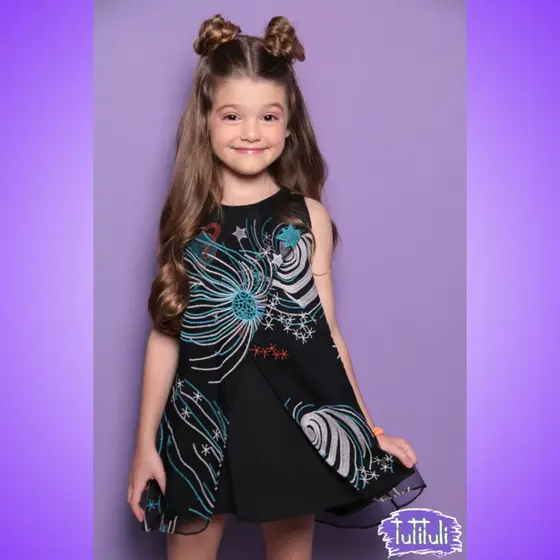 Vestido Infantil Menina Tule Bordado Universo Preto Sobreposição Moderno Festa Casual Tutituli