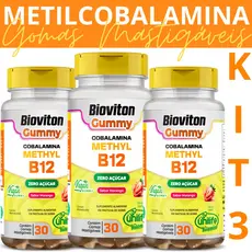 3 Vitamina B12 Methyl 30 Gomas Mastigáveis Metilcobalamina Gummy Sabor Morango Zero Açúcar Unilife